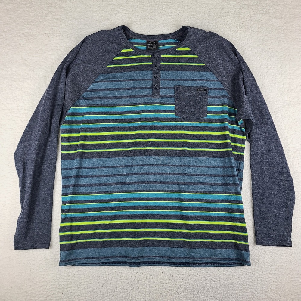 Oakley Henley Sweatshirt Mens 2XL XXL Gray Yellow Blue Striped Crewneck‎ EC